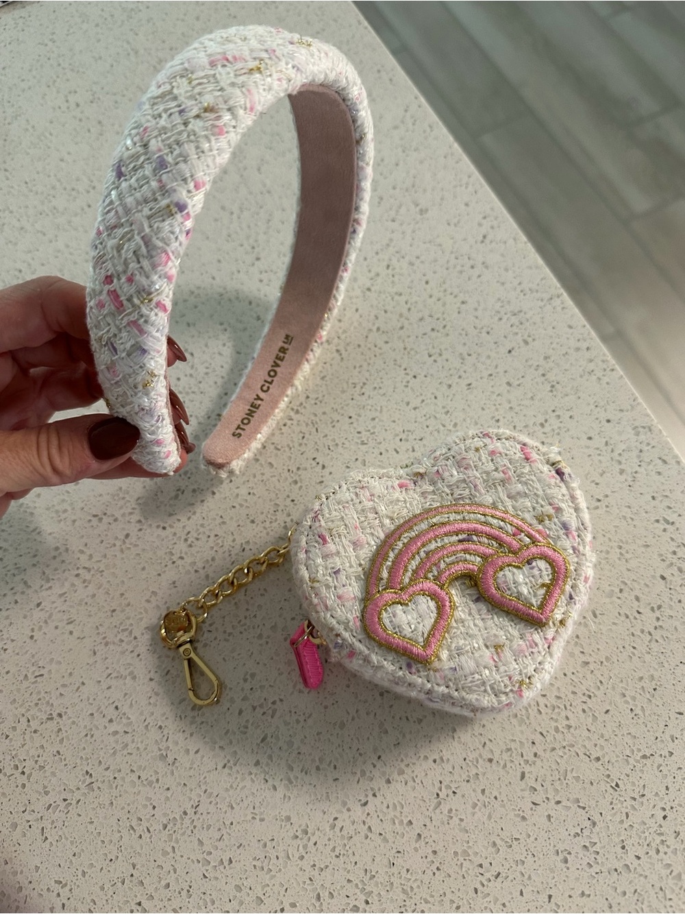 Stoney Clover Lane Tweed Headband & Heart Coin Purse - White with Pink Accents